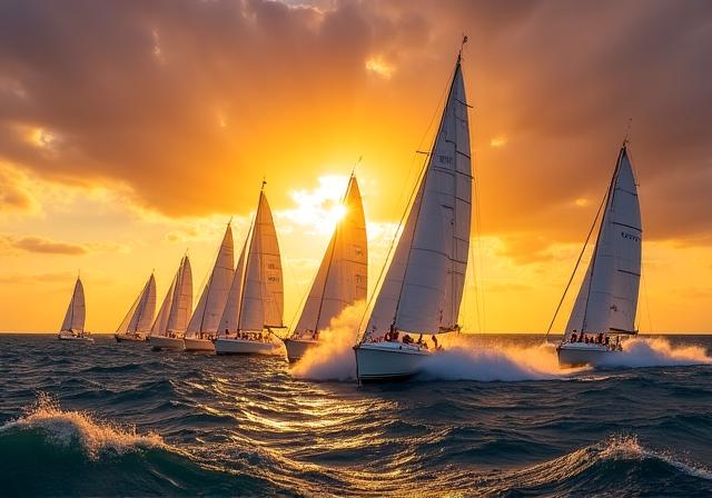 Varios veleros compitiendo en una regata al atardecer