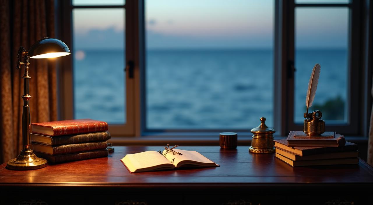 Un escritorio antiguo de madera junto a una ventana con vistas al mar, con libros viejos y una brújula