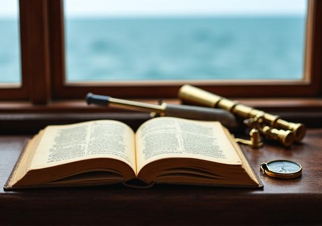 Libro antiguo sobre un mapa náutico junto a una ventana con vista al mar