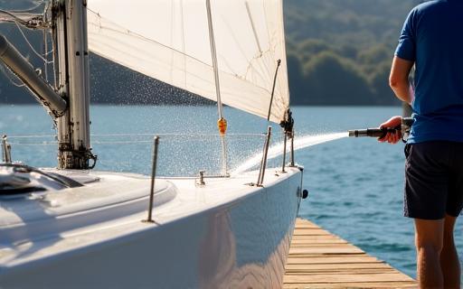Propietario de yate lavando cuidadosamente una vela con agua dulce