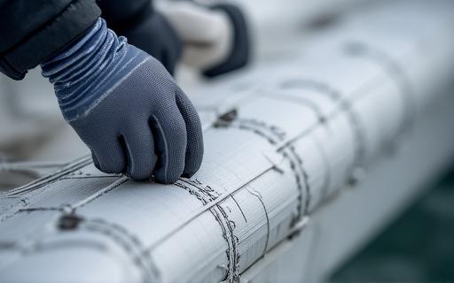 Detalle de manos expertas inspeccionando las costuras de una vela de dacrón