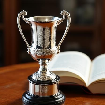 Trofeo de plata de la regata sobre una mesa de caoba